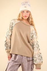 VERY J Women's Stylish Round Neck Knit Top - Printed Long Sleeve, Cozy Comfort